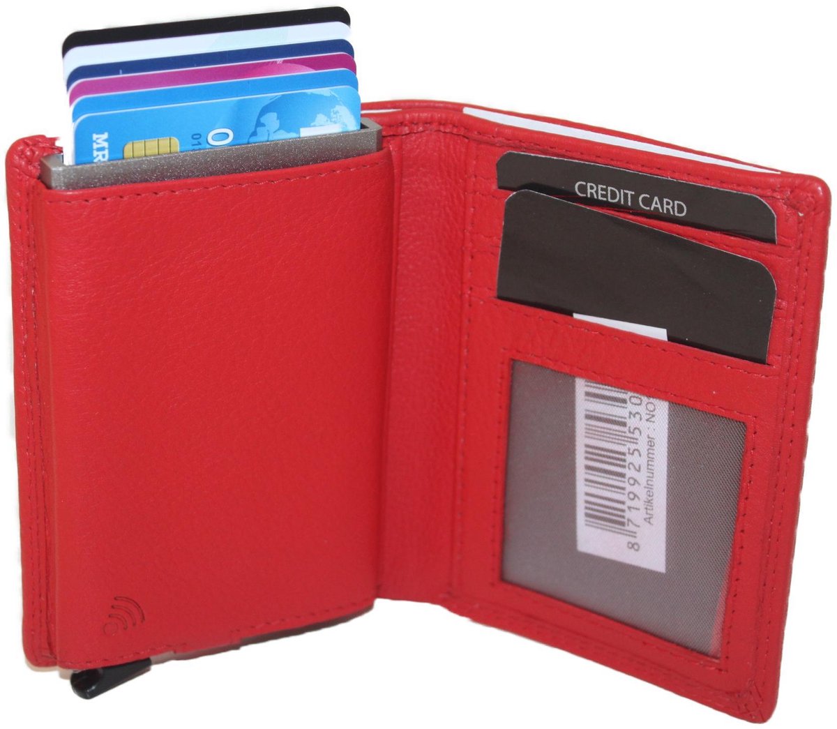 OI rode leren portemonnee met Figuretta pasjeshouder en plaats voor klein geld / Compact portemonneetje met Cardprotector en muntvak / compleet beursje met RFID SAFE kastje / metalen pasjeshouder in anti skim portemonnee / rood leer / 145R