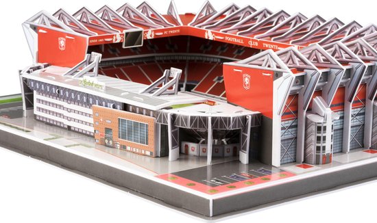 Zij-aanzicht van 3D puzzel De Grolsch Veste, met rode tribunes.
