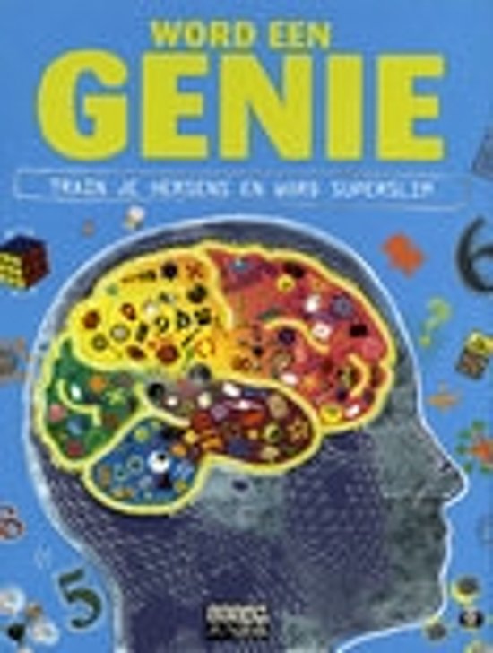 Boekomslag 'Word Een Genie!' met een illustratie van een brein vol met symbolen en cijfers.