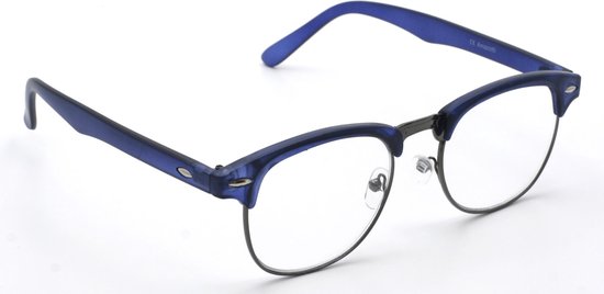Genova retro stijl Clubmaster leesbril van Amazotti , transparant mat donker blauw montuur met gun metal afwerking , sterkte +1.50 - Amazotti