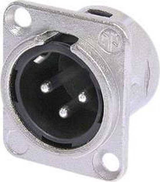 Zilverkleurige XLR chassisconnector, 3-polig mannelijk, D-formaat.