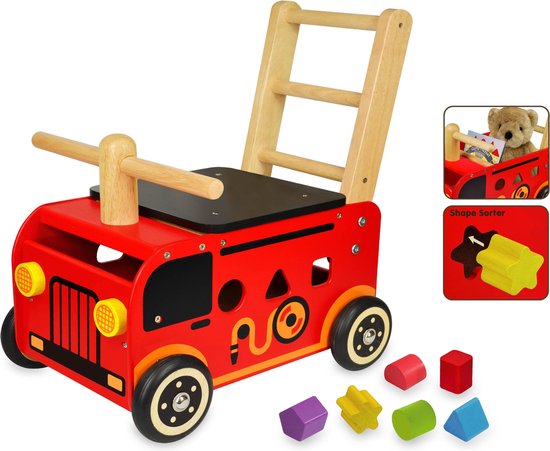 Product: Houten loopwagen brandweer met blokken - I'm Toy, van het merk I'm Toy