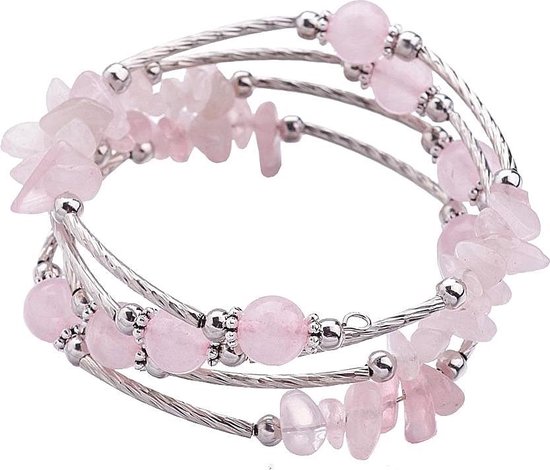 Edelstenen armband Four Loops Rose Quartz - roze - zilver - rozenkwarts - wikkelarmband