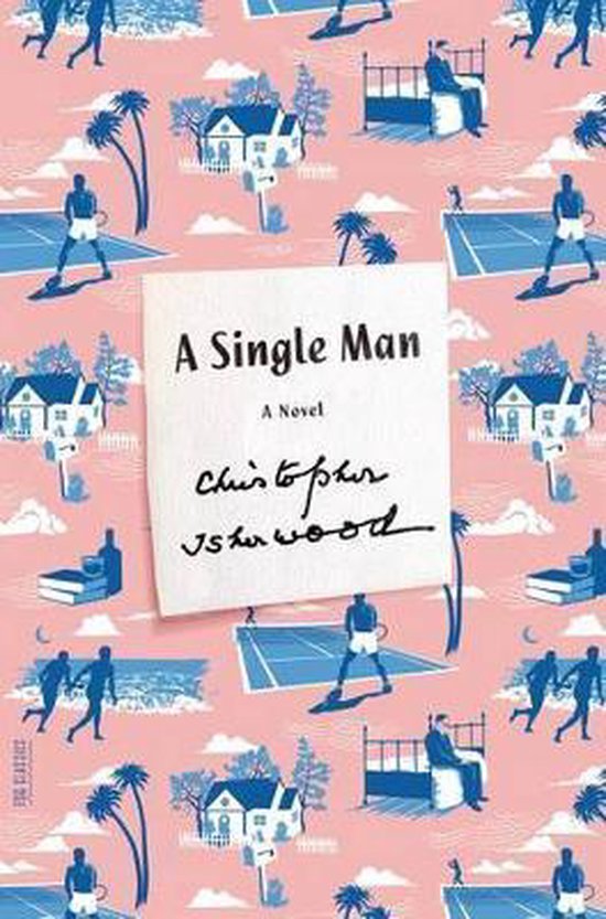 Boekomslag met de titel 'A Single Man', omringd door een patroon van tennissers, huizen en palmbomen in roze en blauw.