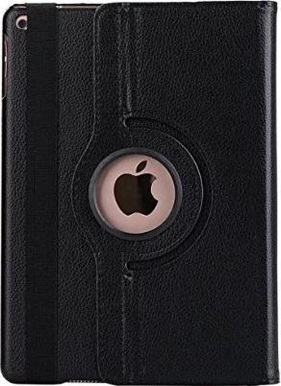 Housse de tablette noire fermée avec logo Apple rotatif, une bande et des coutures visibles.