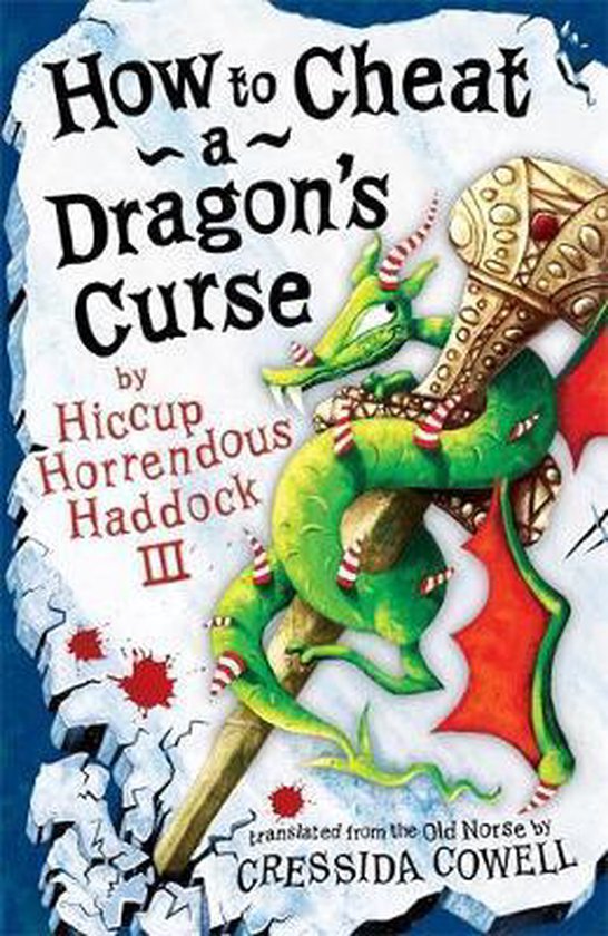 Le titre 'How to Cheat a Dragon's Curse' est écrit en lettres ornées sur un livre représentant un dragon vert enroulé autour d'un bâton doré.
