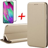 Hoesje geschikt voor Samsung Galaxy A40 - Screen Protector FullGuard - Book Case Leer ThinShield Goud & Screenprotector