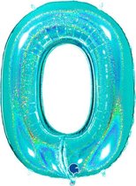 Folieballon Cijfer 0 Glitter Tiffany Blue - 102 cm