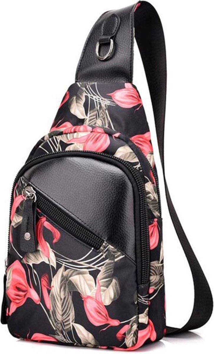 Dames Crossbody tas / schuine borst tas / rugzakje - zwart met rood/roze  bloemen | bol.com