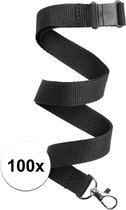 100x Zwart keycord/lanyard met karabijnhaak sleutelhanger 50 cm - Polyester keycords/sleutelkoord