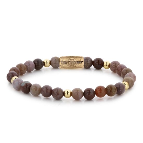 Armband met bruinrode en grijze kralen en gouden details.