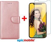 Epicmobile - iPhone 11 Pro Max book case - deluxe portemonnee hoesje + Screenprotector - 9H tempered glass - Rose goud
