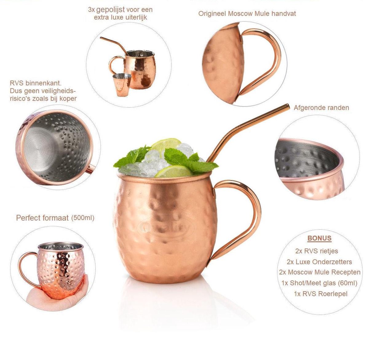 Luxe Moscow Mule Beker Set – Cocktail set - Inclusief 2 Heerlijke Mule Recepten - Luxe Cadeau Man Vrouw - 500ml - Qwality® — cadeau in Kookcadeaus - foto 7