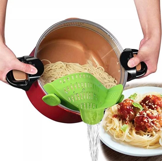 Siliconen Vergiet -  Afgieter - Veilig afgieten – Solide compacte keuken afgietdeksel - Afgiethulp - Clip aan Keuken zeef Groen