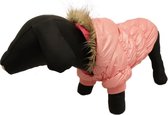 Winterjas glimmend voor de hond in de kleur roze met bont randje - L ( rug lengte 28 cm, borst omvang 40 cm, nek omvang 36 cm )