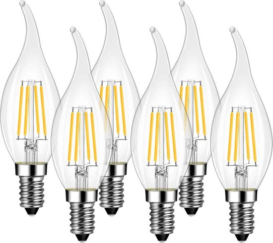 6 stuks filament LED-lamp “wind” voor kroonluchter, E14, 4W, kaarsvorm,  warmwit, glas... | bol.com