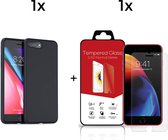 iPhone Plus 7 en 8 Plus Telefoonhoesje met Screenprotector | Zwart Soft Touch Siliconen Smartphone Case | Gehard Beschermglas