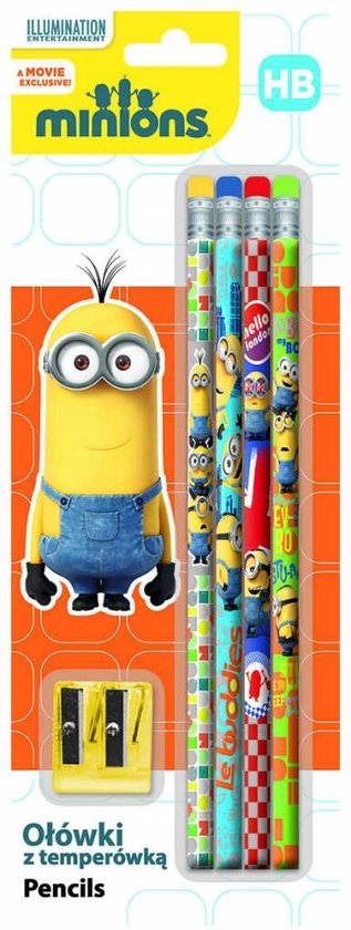 Minions - set 4 potloden met gummetjes en puntenslijper | bol.com