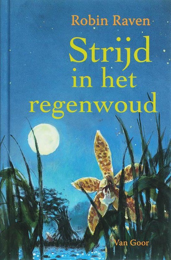 Boekcover 'Strijd in het regenwoud' met een bloem en maansverty in een nachtelijke jungle.