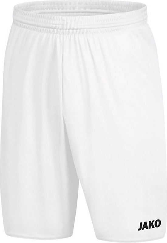 Short de sport blanc ample avec ceinture élastique et logo JAKO noir en bas.