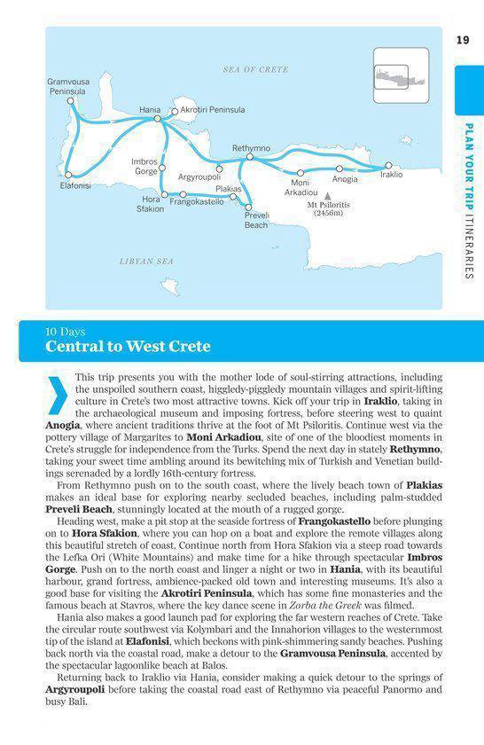 Routekaart van Centraal Kreta, met bezienswaardigheden.