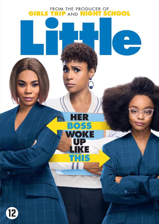 DVD hoes van de film "Little" met Regina Hall, Issa Rae en Marsai Martin in een blauw pinstripe pak.