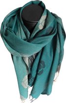 Mooie hippe sjaal van pashmina kleuren groen zwart beige grijs bloemen.