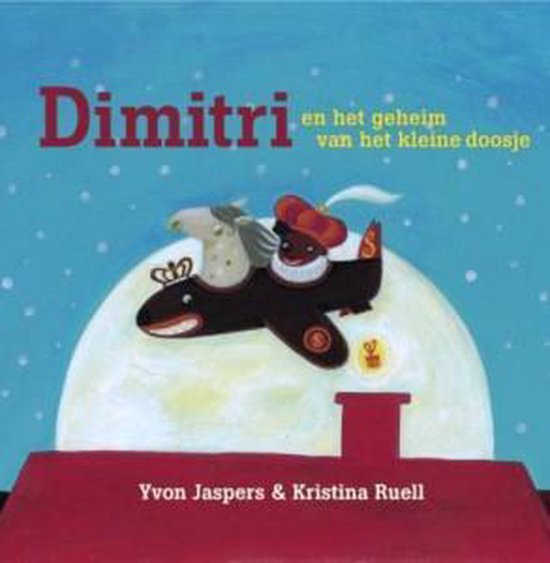 Boek 'Dimitri en het geheim van het kleine doosje' met een Zwarte Piet op een vliegtuig met een paard.