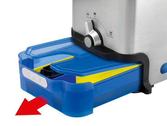 Zilveren Tefal friteuse met uittrekbaar blauw reservoir en gele inzetstukken.