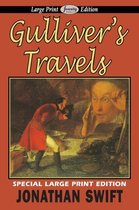 Boek 'Gulliver's Travels' in grote letters, met een illustratie van Gulliver die een reus aankijkt.