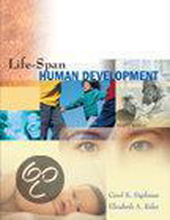 Boekomslag 'Life-Span Human Development' met collage van levensfasen, van baby tot volwassene.