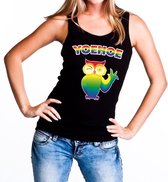 Yoehoe gay pride tanktop/mouwloos shirt zwart met regenboog tekst en knipogende uil voor dames - Gay pride/LGBT kleding M