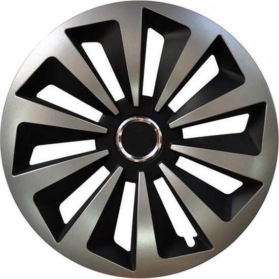 14 inch wieldop met 10 gespleten spaken in zilver en zwart.