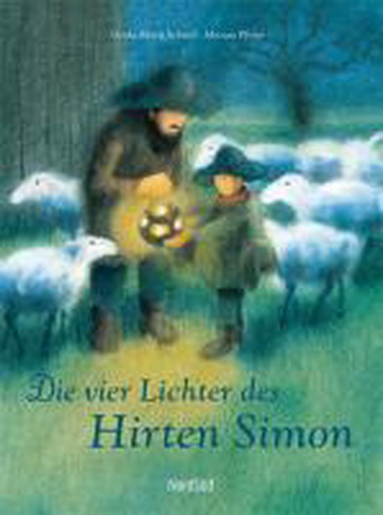 Illustratie van een herder met een jongen die een lantaarn vasthouden, omringd door schapen. Titel: Die vier Lichter des Hirten Simon.