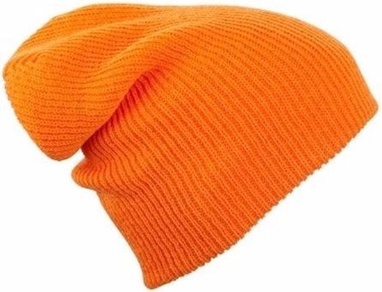 Basic beanie muts lang oranje voor dames