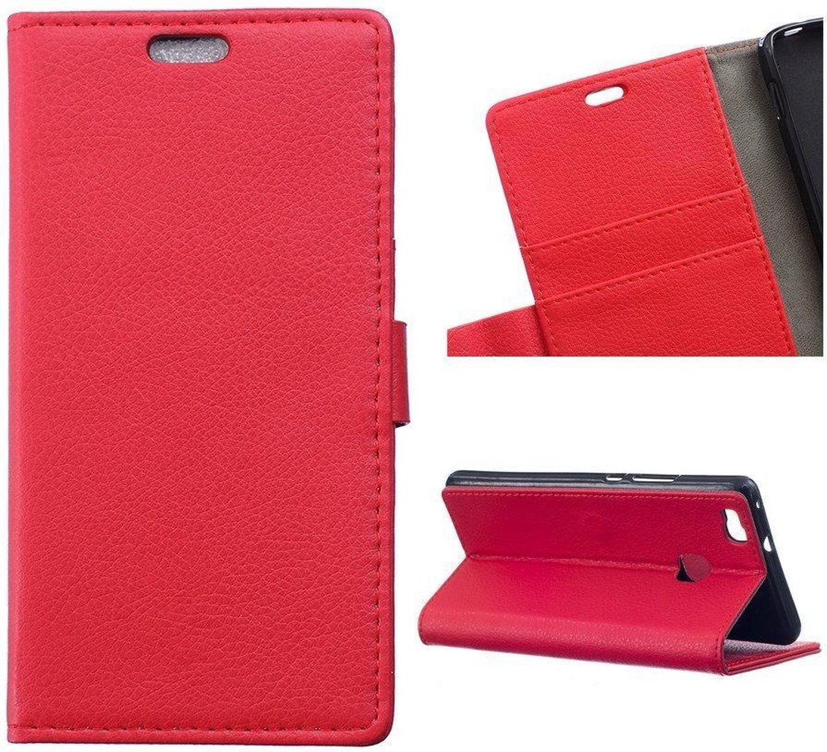 Litchi cover rood wallet case hoesje Geschikt voor: Huawei P9 Plus