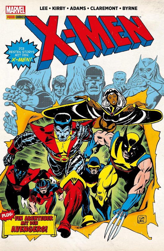 Marvel X-Men comic cover met een groep superhelden, inclusief Wolverine, Storm en Colossus. De titel "X-MEN" is groot in rode en blauwe letters.