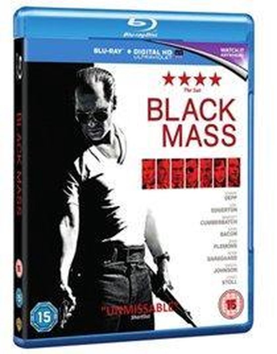 Blu-ray hoesje van Black Mass met Johnny Depp met zonnebril en pistool, met filmtitel en cast.