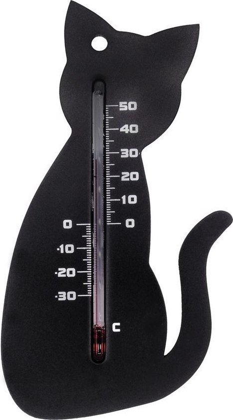 Binnen/buiten thermometer zwarte kat/poes 15 cm - Tuindecoratie dieren - Katten/poezen artikelen - Buitenthemometers
