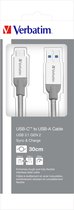 Verbatim USB 3.1 Type-C to USB-A roestvrij stalen kabel 30cm grijs