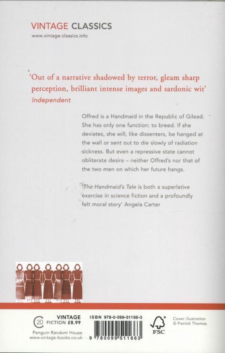 Dos du livre 'The Handmaid's Tale' avec citations et une rangée d'icônes de femmes en robes rouges.