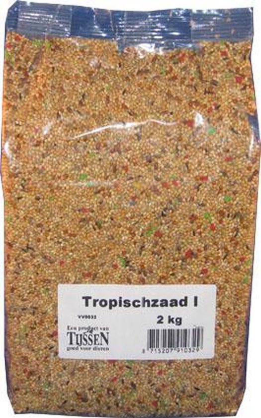 Een 2 kg zak Tropischzaad I van Tijssen, gevuld met een mix van zaden en kleine gekleurde stukjes.