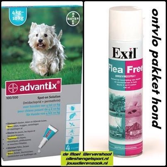 teken en vlooien pakket voor de hond van 4 kg tot 10 kg - Exil flea free omgevingsspray + 4 pipetten advantix hond 100/500