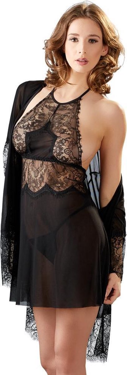 Goedkoopste Cottelli Collection – Sexy Negligé met Lingerie en Kimono voor een Slaapkamer Sensatie – Maat S – Zwart