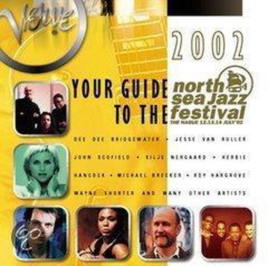 Cover van "Your Guide to the North Sea Jazz Festival 2002" met secties voor 2002, het festival logo, en foto's van artiesten zoals Dee Dee Bridgewater.