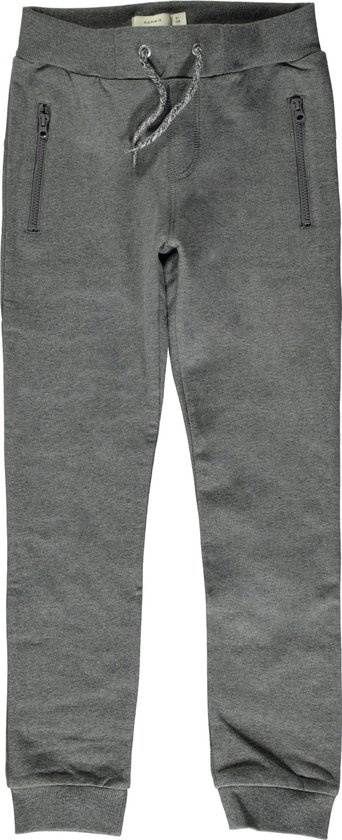 Donkergrijze joggingbroek met trekkoord en ritszakken aan de zijkant.
