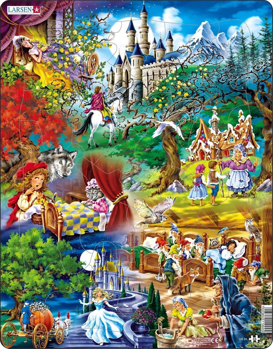 Larsen De sprookjes van Grimm – Puzzel – Fantasie en verhaal – Sprookjes – Educatieve legpuzzel voor kinderen – 33 stukjes – Gemaakt in Noorwegen – Extra dikke 2,5 mm stukjes – Tray met vaste rand