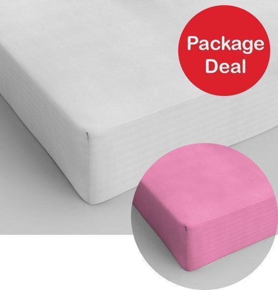 Package Deal 2x Dreamhouse Bedding Hoeslaken Katoen 70x200 - Wit - Roze