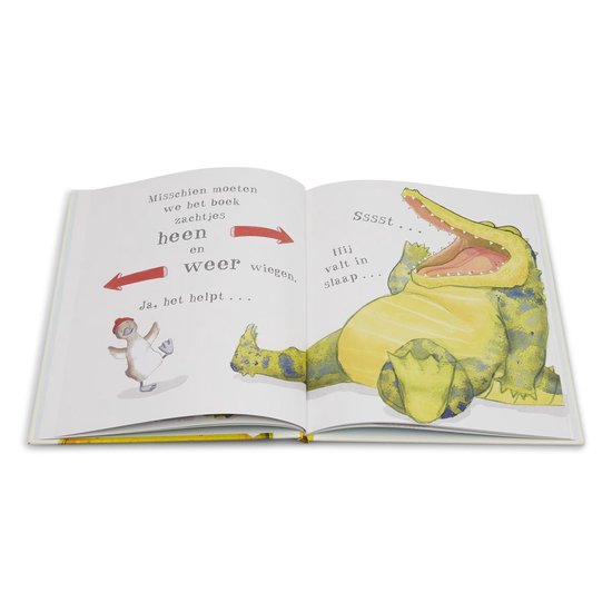 Een geopend kinderboek met een grote, mollige groene krokodil die slaapt en een kleine eend. Tekst: 'Sssst... Hij valt in slaap...'