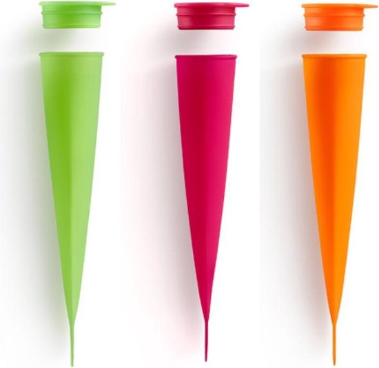 Lékué set van 3 ijsjesvormen calippo uit silicone groen; roze en oranje 4x4.8x20.2cm